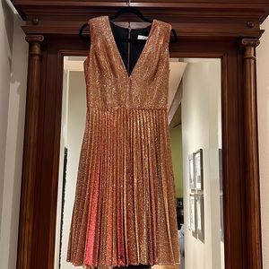 Helsi Corina Metallic Glittery Pleated Skirt Dress in Gold & Red, size Medium